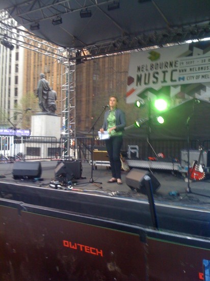 Cathy Oak on a solar powered stage